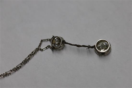 A 1930s/1940s white gold? and two stone diamond set drop pendant necklace (a.f.),